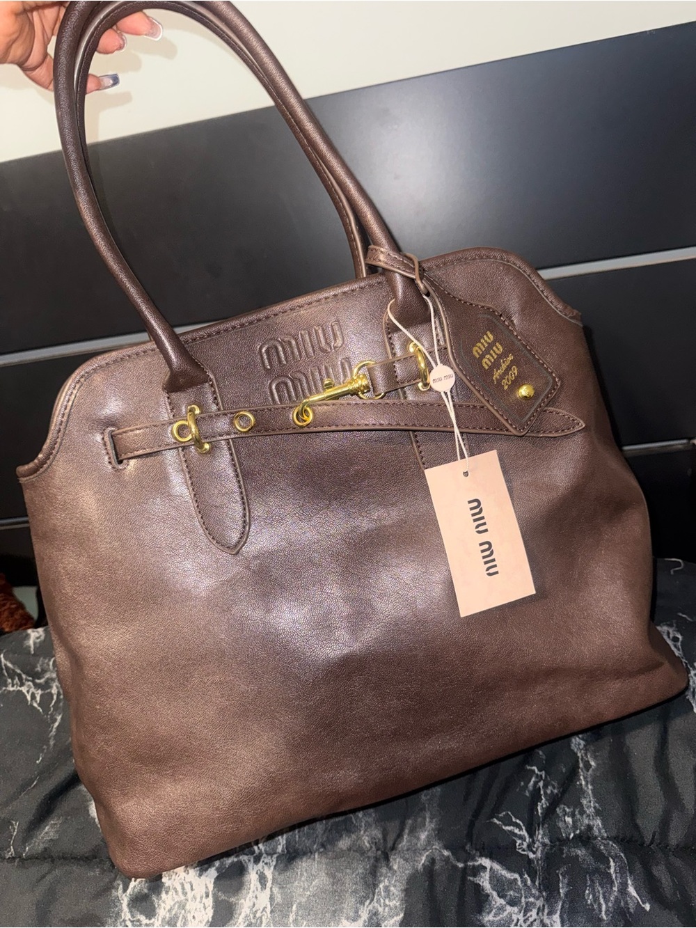 Miu Miu Chocolate Brown Leather Tote with Gold-Tone Hardware